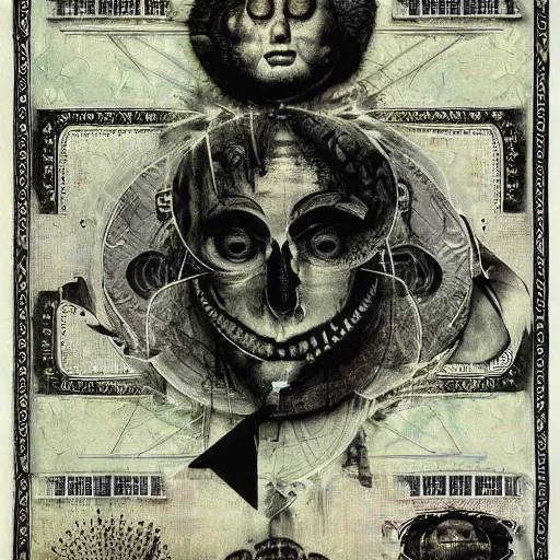 Image similar to post - punk new age album cover, asymmetrical design, dollar bank notes, capitalism, magic, apocalypse, psychedelic, black white pink, magic, giger h. r., giuseppe arcimboldo, peder aalto