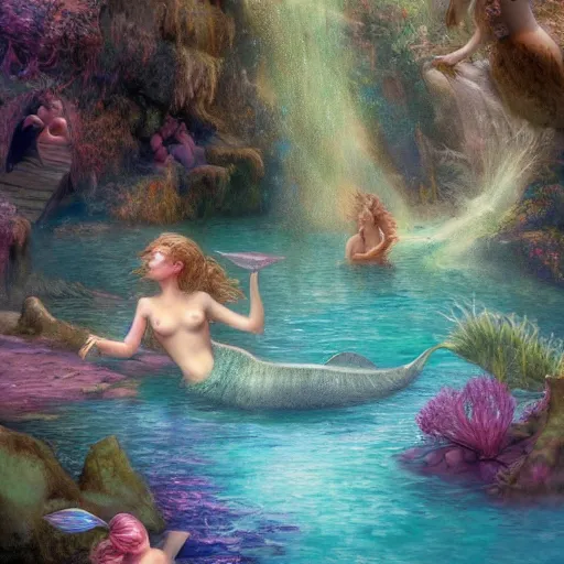 Prompt: Mermaids and Fairies bathing in an amazing beautiful natural secret swim spot with rainbow pools, fae, by Niroot Puttapipat, by James Gurney, artstation, deviantart