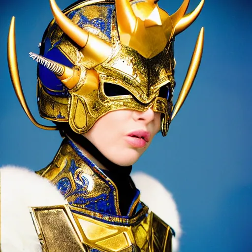 Prompt: close up headshot of a woman in elaborate blue and gold armor with spiked horns on her helmet, cosplay, photoshoot, photograph by Bruce Weber