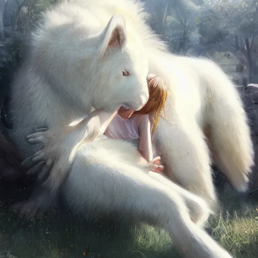 Image similar to a person hugging a large white animal, a detailed painting by krenz cushart, pixiv contest winner, fantasy art, official art, detailed painting, pixiv. highly detailed. 4 k masterpiece.