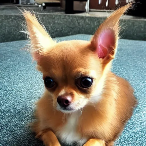 Image similar to a half chihuahua half cat hybrid with long fluffy cat tail and cat eyes, chihuahua body