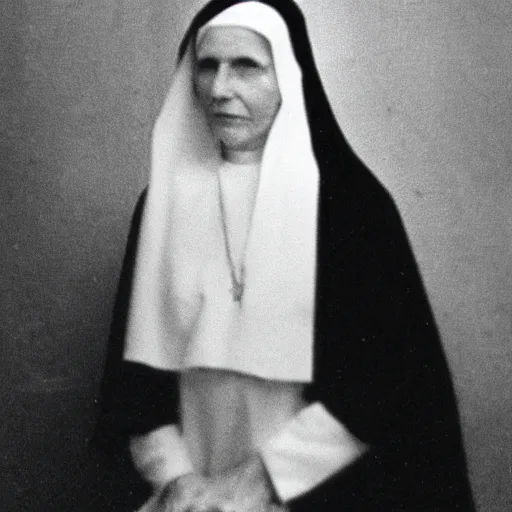 Prompt: antique photograph of a ghost of an evil catholic nun, blurry, transparent, glowing, real photo,