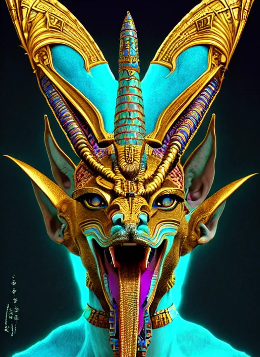 Image similar to enraged god anubis, snarling jackal with egyptian pharaoh headdress, ornate art nouveau botanicals, cyan and gold palette, fantasy, intricate, elegant, highly detailed, colorful, vivid color, digital painting, artstation, concept art, art by artgerm and greg rutkowski and ruan jia,