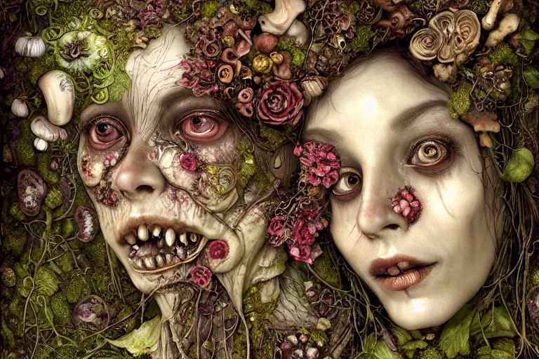 Image similar to beautiful and detailed rotten woman corpse with fractal plants and fractal flowers and mushrooms growing around, face muscles, veins, arteries, intricate, ornate, surreal, ray caesar, john constable, guy denning, dan hillier