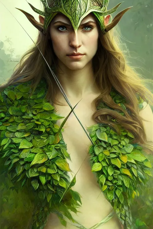 Image similar to male elven Archer armor made of green leaves, fantasy, amber eyes, face, long hair, intricate, elegant, highly detailed, digital painting, artstation, concept art, smooth, sharp focus, illustration, art by artgerm and greg rutkowski and alphonse mucha