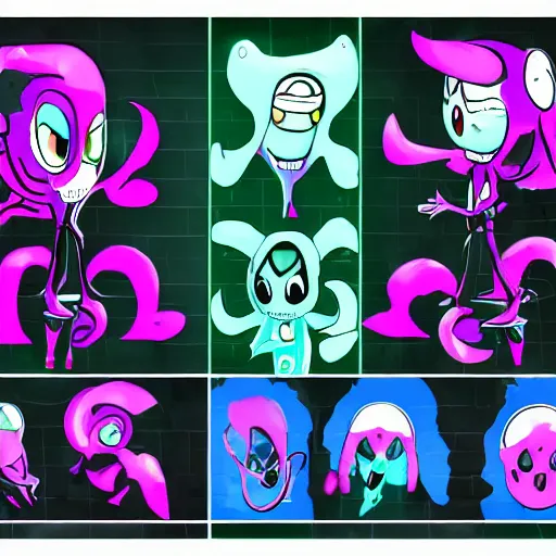 Image similar to character design sheets for a new sinister vampire squid character, artwork in the style of splatoon from nintendo, art by tim schafer from double fine studios, black light, neon, spray paint, punk outfit, tall thin frame, adult character, fully clothed, vampire, spray paint, colorful, jaw breaker color, neon pink, flecks of paint, pop art