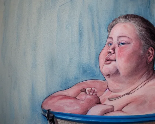 Image similar to an innocent and beautiful scene in hyper realistic style, watercolor and pen oily drawing on wood, of a fat old woman is painting a huge baby's head on the wall, lighting from the barred window. shadows. 4 k. wide angle. wild mood. red mouth, blue eyes. deep focus, lovely scene. ambient occlusion render. unreal engine.