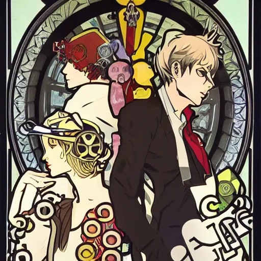 Image similar to persona 4 investigation team by alphonse mucha