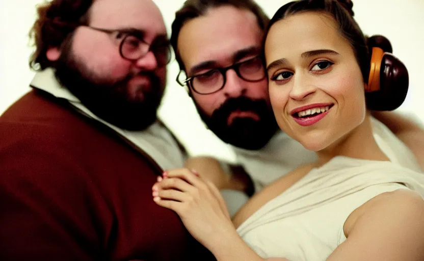 Prompt: movie still close-up portrait of skinny cheerful Alicia Vikander cosplaying as princess Leia, embracing a groom who is a morbidly obese and bearded nerd, by David Bailey, Cinestill 800t 50mm eastmancolor, heavy grainy picture, very detailed, high quality, 4k, HD criterion, precise texture and facial expression