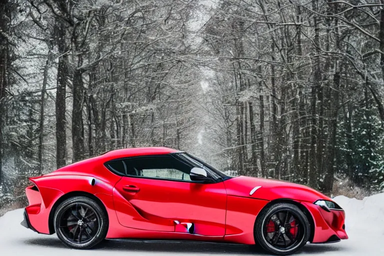 Prompt: A Toyota supra parked in a road with trees, Winter season, Epic photography, taken with a Canon DSLR camera, 50 mm, depth of field