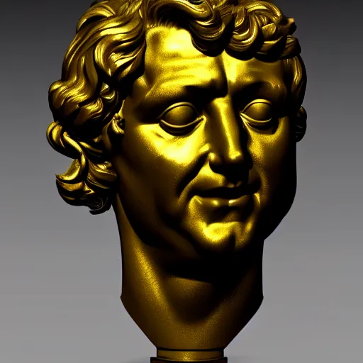 Image similar to a realistic render of a distorted golden Roman bust, high contrast lighting, 4k, concept art