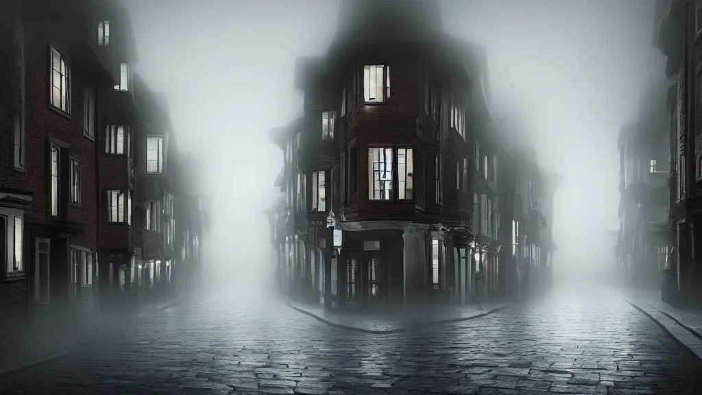 Image similar to the old town with houses in the windows of which the light is on. early morning, fog on ground, wet street. mike barr painting. volumetric light, dull colors, dark, noir arthouse, 3 5 mm, hight detalied, hd, 4 k