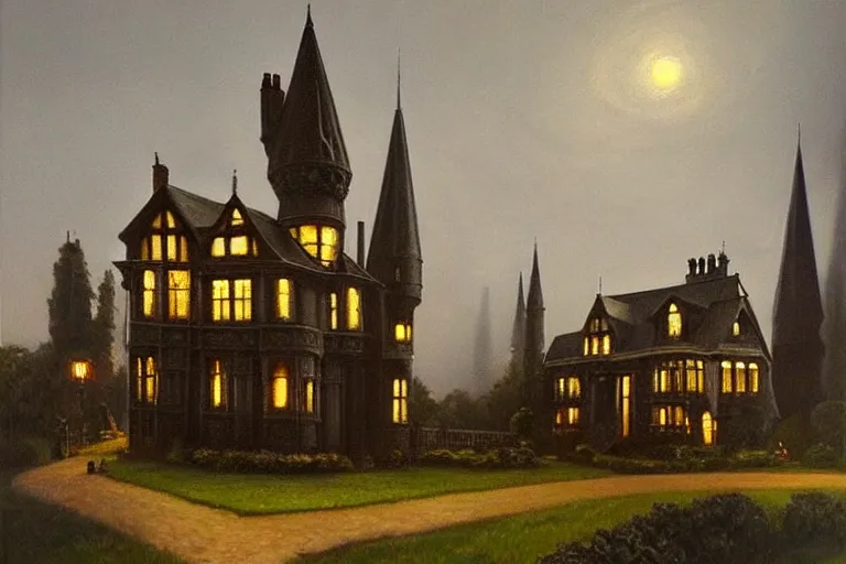 Prompt: a beautiful hyperrealistic painting of a victorian house with a tower at night, very detailed by samuel and joseph newsom, harry potter