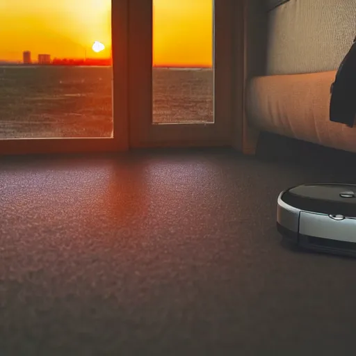 Prompt: roomba chilling on the couch, sunset