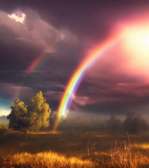 Image similar to celestial crosshairs across the land and sky, majestic light, octane render, beauty fog, ethereal glare of the sun, raining rainbow, volumetric lighting, hyperealistic, epic, masterpiece