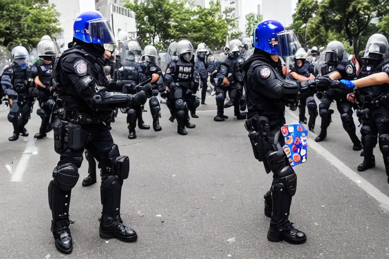Image similar to beast boy giving a pepsi to riot police and stopping a protest, pepsi ad