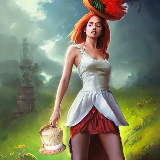 Prompt: realistic, full body portrait, skimpy dress, female mad hatter, by Jordan Grimmer and greg rutkowski, crisp lines and color,