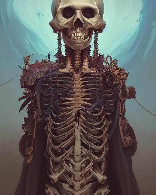 Image similar to highly detailed surreal vfx portrait of a sacred skeleton samurai, stephen bliss, unreal engine, greg rutkowski, loish, rhads, beeple, makoto shinkai and lois van baarle, ilya kuvshinov, rossdraws, tom bagshaw, alphonse mucha, global illumination, detailed and intricate environment