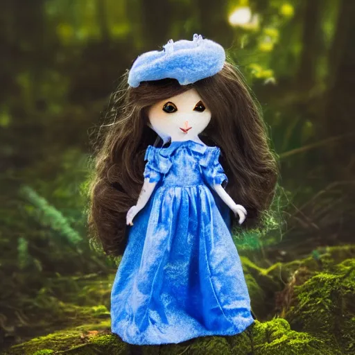 Image similar to blue'snappy gifts doll'in magical forest, gifts, dark atmosphere, high detail, soft lighting, 8 k