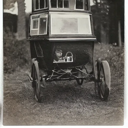 Prompt: polaroid photo of the first ever car produced with people sitting inside of it wearing 1800s clothing.