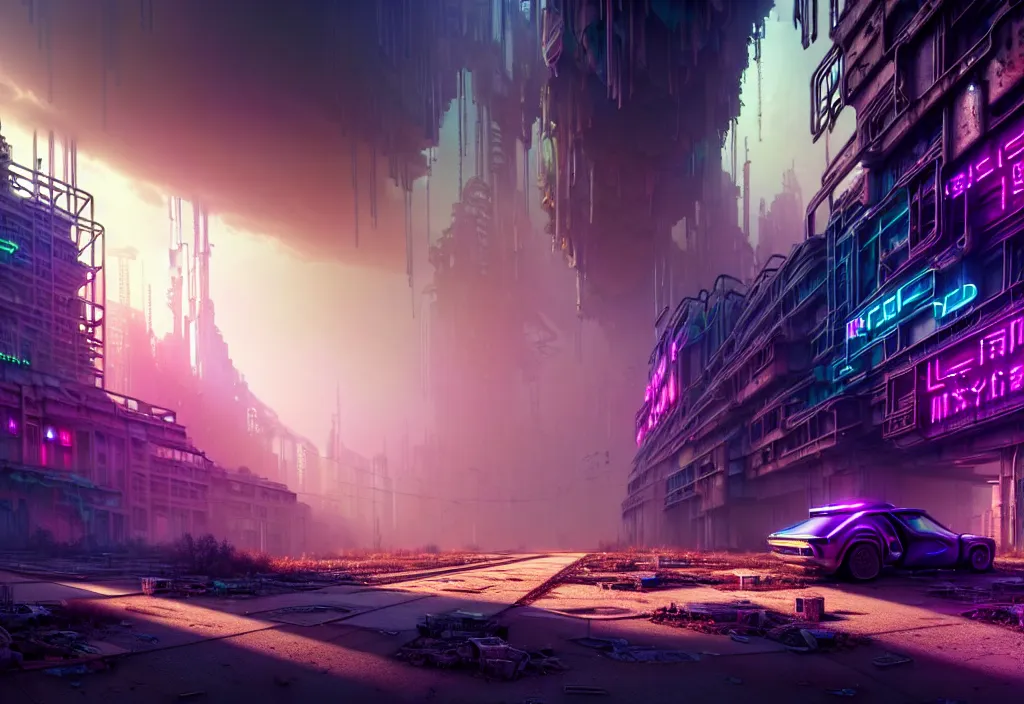 Prompt: A highly detailed crisp unreal engine render of wide view photo of A beautiful futuristic cyberpunk abandoned dystopia city building with neon bright lights, plants allover , godray, sunlight breaking through clouds, clouds, debris on the ground, abandoned machines bright happy colors, chaotic , nitid horizon, factory by wangchen-cg, 王琛,Neil blevins, artstation, Gediminas Pranckevicius