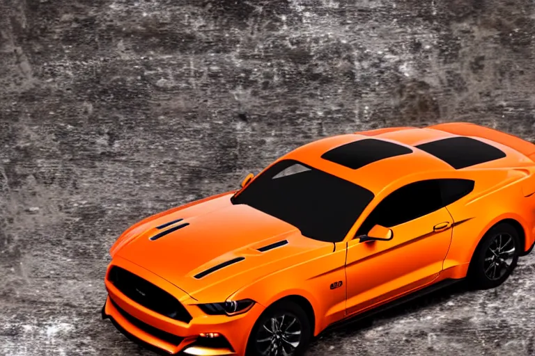 Image similar to a photo hyperrealistic flying bright orange Ford Mustang spaceship