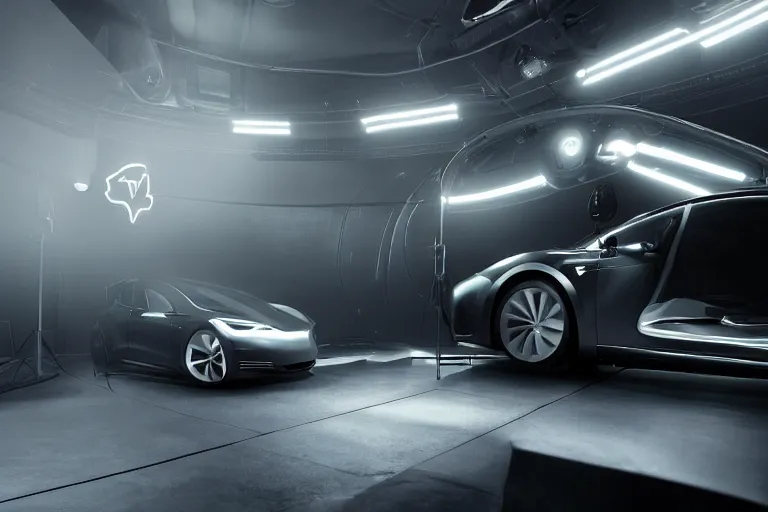 Image similar to a 2 8 mm closeup photo of a tesla car in a photo studio, hyper detailed, smooth, high contrast, volumetric lighting, octane, craig mullins, cinematic