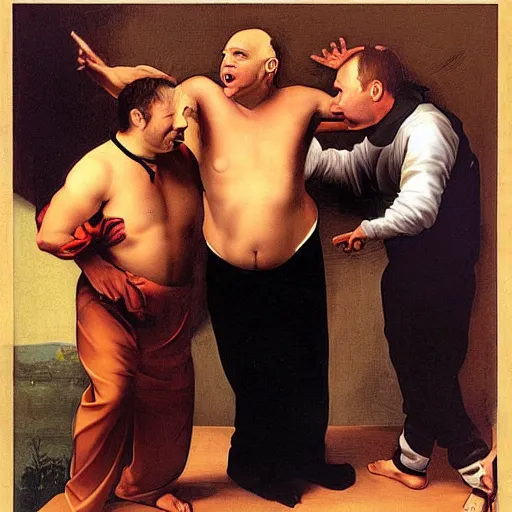 Image similar to matt stone and trey parker as the three stooges in a caravaggio painting