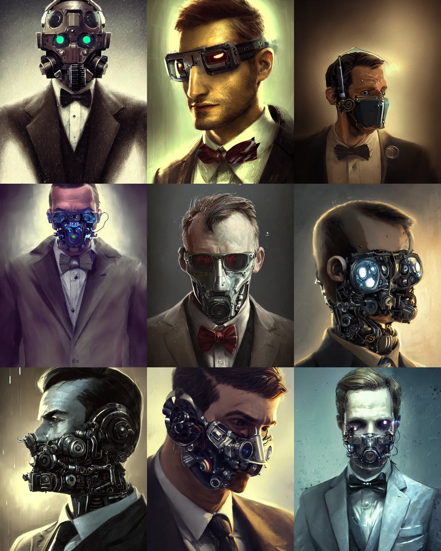 Image similar to a rugged young engineer man with cybernetic enhancements wearing a suit and bowtie, detailed face with small mask, scifi character portrait by greg rutkowski, esuthio, craig mullins, 1 / 4 headshot, cinematic lighting, dystopian scifi gear, gloomy, profile picture, mechanical, half robot, implants, steampunk