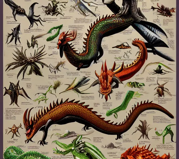 Image similar to an illustrated field guide to dragons showing examples of males and females of each spicies, biological illustrations, art by robert stebbins and terryl whitlatch and david sibley and john james audubon and charles darwin, highly detailed, intricately detailed, 8 k, trending on artstation