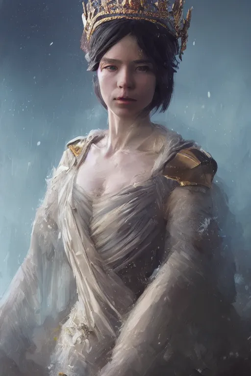 Image similar to a fancy portrait of a young queen by Greg Rutkowski, Sung Choi, Mitchell Mohrhauser, Maciej Kuciara, Johnson Ting, Maxim Verehin, Peter Konig, final fantasy , mythical, 8k photorealistic, cinematic lighting, HD, high details, atmospheric,