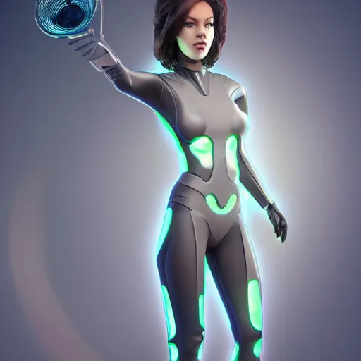 Image similar to a woman in a futuristic suit holding a glowing light, a computer rendering by Artgerm, featured on cgsociety, afrofuturism, daz3d, zbrush, futuristic