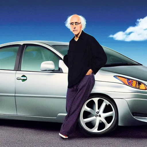 Image similar to larry david standing on a 2 0 0 9 toyota prius vaporwave 9 0 s