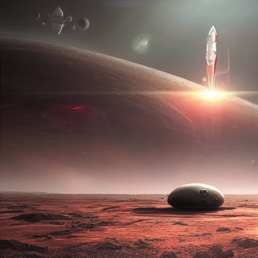 Prompt: a spiky imperial hamburger space ship travelling near a barren planet by Marek Okon, god rays, fantasy art, 4k, HDR, photorealistic, 8k, trending on artstation
