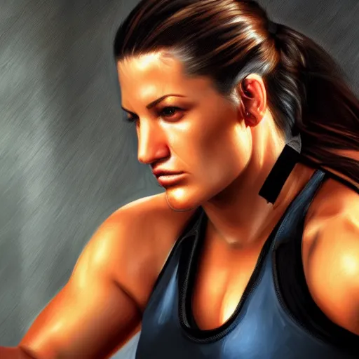 Image similar to beautiful digital painting of gina carano with a cybernetic arm, highly detailed, hyperrealism