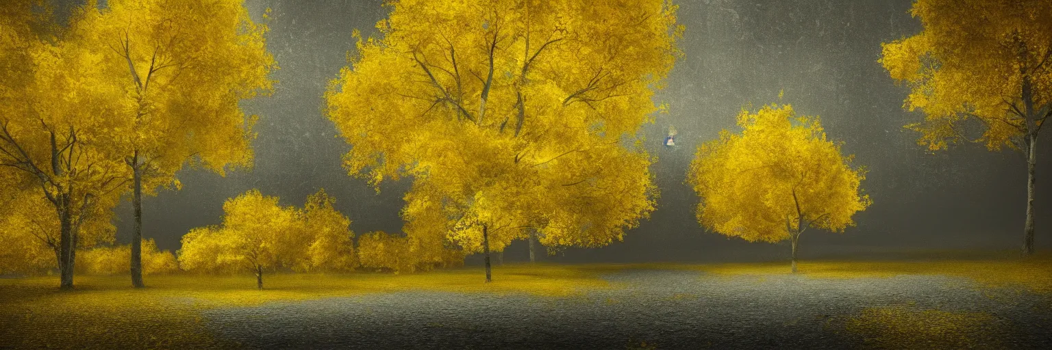 Image similar to michal karcz grunge painting of a beautiful landscape, yellow trees, detailed, elegant, intricate, 4k,