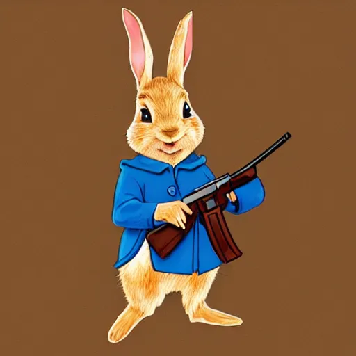 Prompt: Peter Rabbit holding ak-47