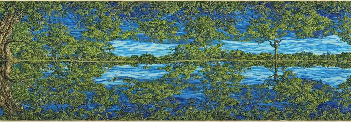 Image similar to escher painting of a lake, big trees reflecting on lake surface, ultra sharp, ultra detailed, colorized by salvador