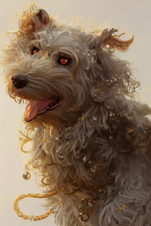 Image similar to a beautiful shaggy dog, gold jewellery, dnd, fantasy, intricate, elegant, highly detailed, digital painting, artstation, concept art, smooth, sharp focus, illustration, art by artgerm and greg rutkowski and alphonse mucha