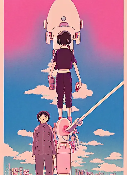 Image similar to a movie poster for a studio Ghibli film based on the song Yoshimi battles the pink robots, part 1. by the band the flaming lips; artwork by Hiyao Miyazaki and studio Ghibli; a Japanese girl is fighting a gigantic evil Pink Robot in an alley in Tokyo; incredibly detailed artwork by James jean, Phil noto, Jon Foster, studio Ghibli