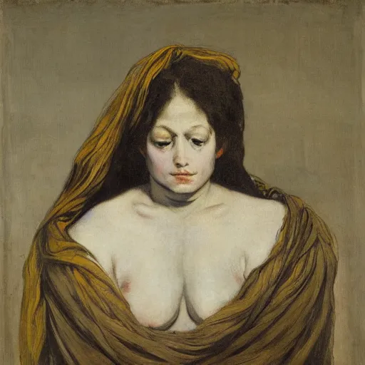 Image similar to tattooed woman with head covered by a sheet laying in bed, intricate, elegant, highly detailed, oil canvas, symmetrical face, by gustave courbet, francisco goya