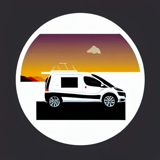 Image similar to very very very minimal vector graphic of a white and black thor chateau motorhome, color highway, mountains and sunset!!, all enclosed in a circle, white background, dramatic, professional minimal graphic design cartoon, award winning