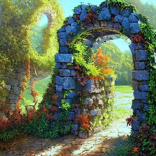 Image similar to colorful marc simonetti and Mark Keathley impasto!! acrylic painting of the slate stone gateway of a forgotten civilization. vines and creepers, stone etchings