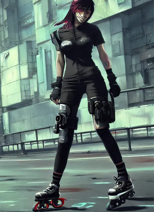 Prompt: hyper - realistic cyberpunk anime woman wearing inline skate, tokyo street, extreme detail, good face, model, concept art, in style of yoji shinkawa, pan ren wei, col price, atey ghailan, by greg rutkowski, aesthetic