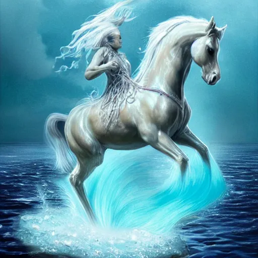 Image similar to a fantastical transparent small turquoise spirit horse made of water and foam and algae and ice, splashing water, wave, translucent, ethereal, noble, radiant, hyperalism, scottish folklore, digital painting, artstation, concept art, smooth, 8 k frostbite 3 engine, ultra detailed, art by artgerm and greg rutkowski and magali villeneuve