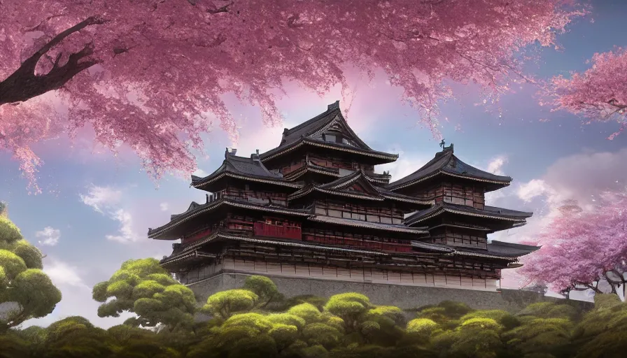 Prompt: A highly detailed matte painting of the huge japanese castle, wooden and dark, with matsu pine trees, with sakura cherry trees, by Studio Ghibli, Makoto Shinkai, by Artgerm, by beeple, by Greg Rutkowski, volumetric lighting, octane render, 4K resolution, trending on artstation, masterpiece