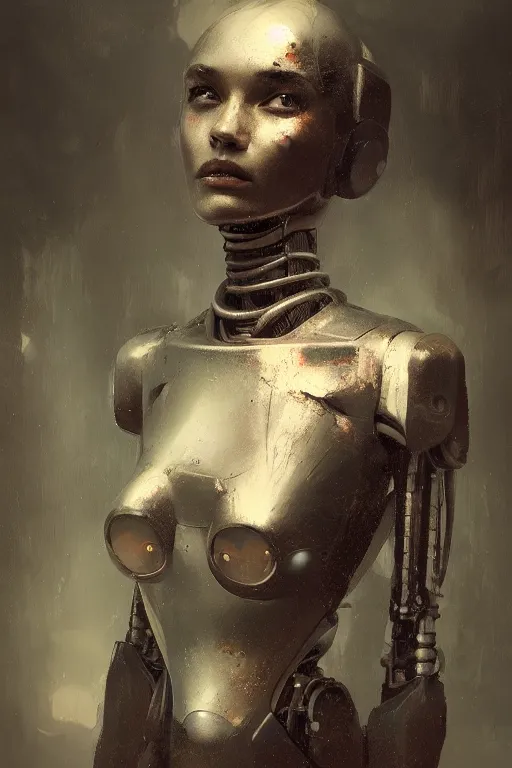 Prompt: portrait of a robot girl, oil painting, darkness, paint texture, digital painting, highly detailed, artstation, sharp focus, illustration, concept art, ruan jia, charlie bowater, tom bagshaw, norman rockwell