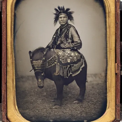 Prompt: Daguerreotype of a Cherokee Chief riding a large Malayan tapir