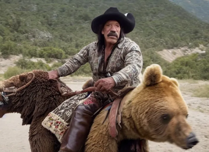 Prompt: film still of danny trejo on a saddle riding a bear wearing a bandana in mexico, 8 k