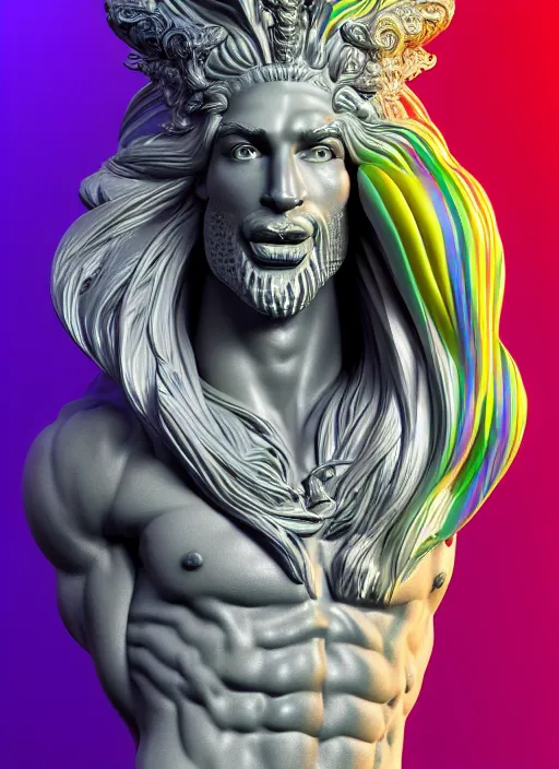 Image similar to stylized rainbow bismuth ornate statue full body made of marble of fabio, perfect symmetrical body, perfect symmetrical face, hyper realistic, hyper detailed, by johannen voss, by michelangelo, octane render, blender, 8 k, displayed in pure white studio room